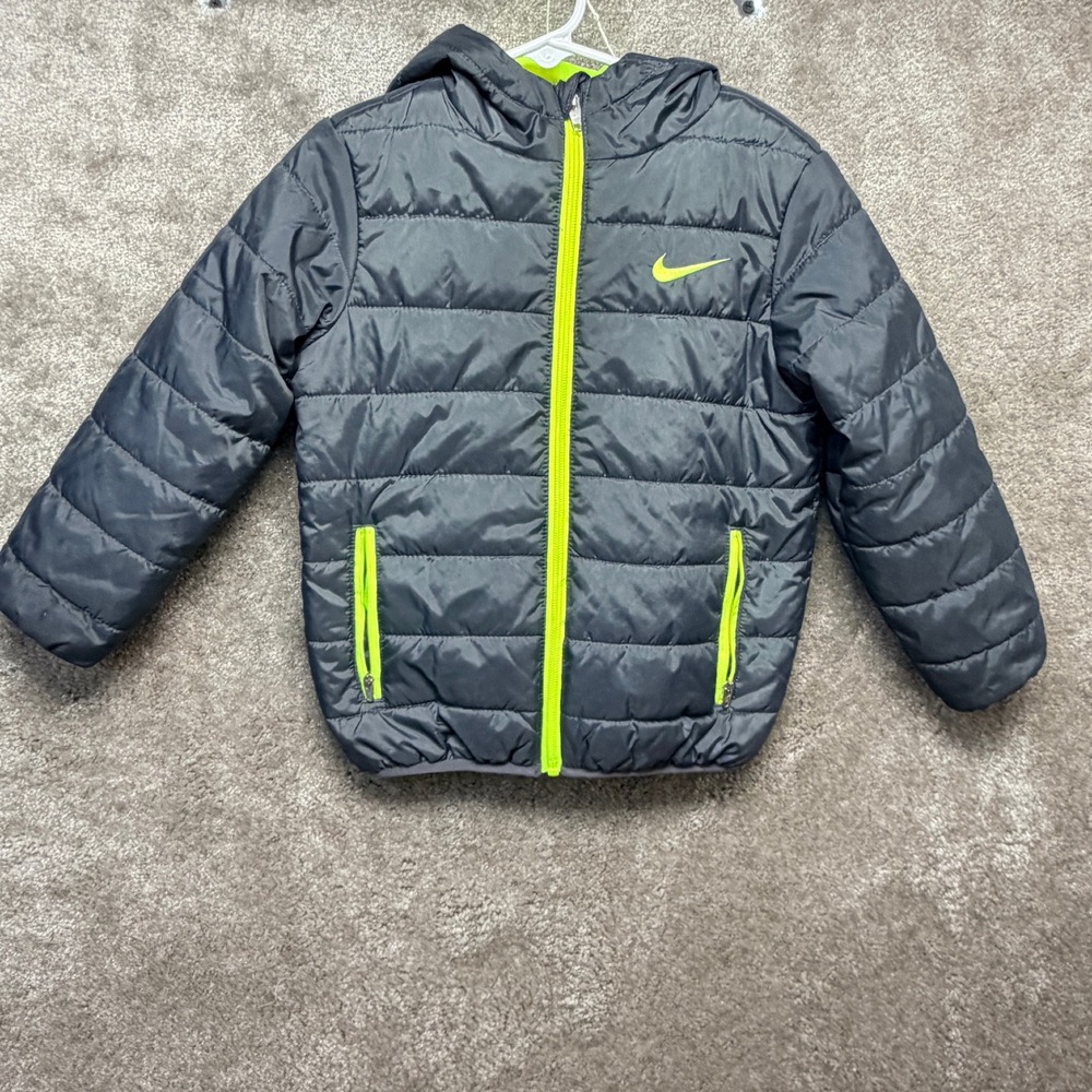 Nike Kids Puffer Jacket Grey Neon Yellow Hooded Full Zip Size 4 XS 3-4 Years